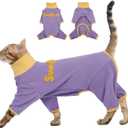 2XL Cat Onesies for Large Breeds - Purple,Sticky Hair Pajamas with Long Sleeves,Anti-Shedding & Anti-Licking Cat Clothes,Outing Wear Protecting The Skin,Indoor Sleeping Daily Wear, Size: XX-Large (Back Length:15.8")