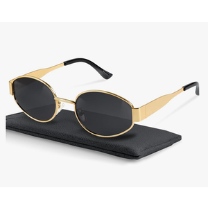 livho Retro Polarized Sunglasses - UV400 Protection, Oval Shape, Metal Frames - Matching Soft Case Inlcuded