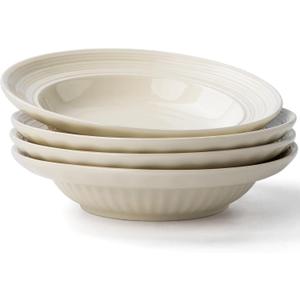 Wide Rim Soup Bowls, 18oz Rimmed Pasta Bowls Set of 4, 8 Inch Ceramic Salad Bowl, Shallow Plates, Elegant Dinner Cereal Serving - Microwave Dishwasher Oven Safe - Beige
