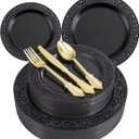 U-QE 150PCS Black Plastic Plates with Gold Plastic Silverware, Black Plates Disposable for Party Include 30 Dinner Plates 10.25", 30 Salad Plates7.5", 30 Forks, 30 Knives, 30 Spoons