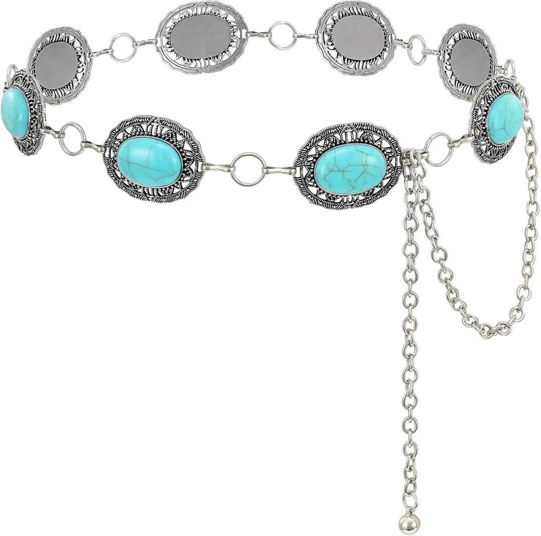 XZQTIVE Women Boho Chain Belts For Dresses Jeans Western Cowgirl Waist Links Belt Adjustable Metal Concho Belt