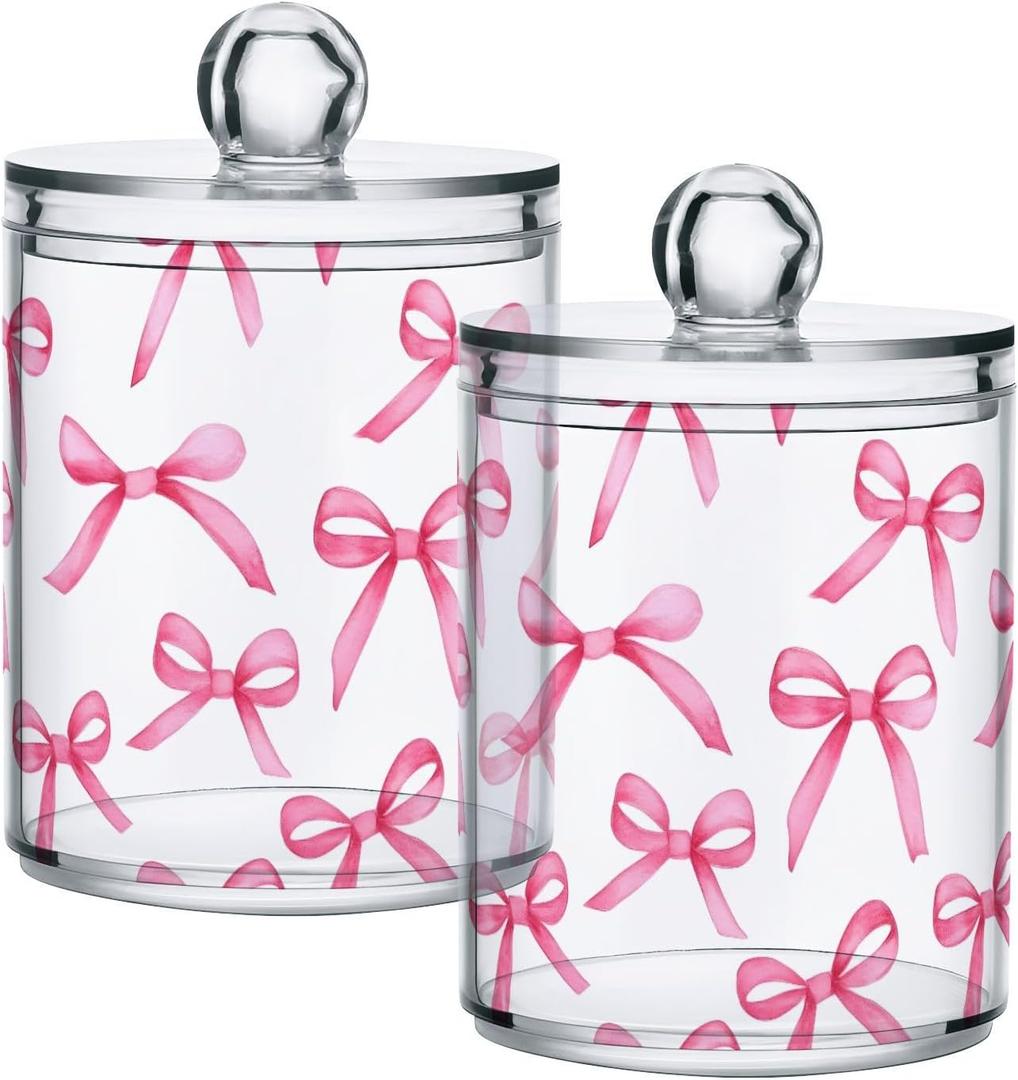 ALAZA 2 Pack Qtip Holder Pink Bows, Cotton Swab Dispenser with Lid Bathroom Containers Canister Organizer Storage Jar
