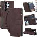 for Samsung Galaxy S25-Ultra-Wallet Case: with RFID Blocking Card Slots (6 Cards) | Soft PU Leather Magnetic Snap Zipper Pocket | Crossbody Wrist Strap Protective Phone Cover - Coffee