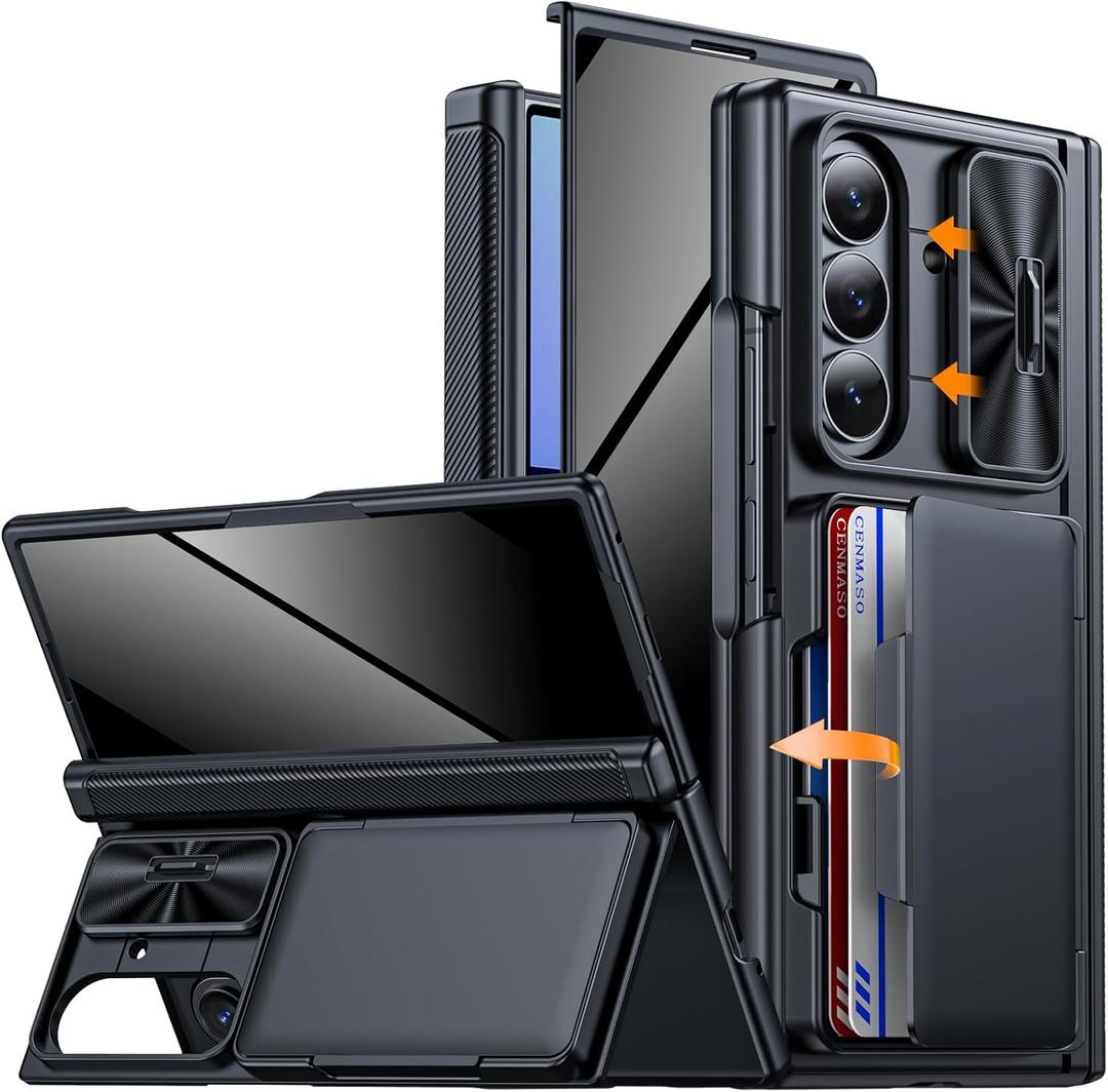 CENMASO for Samsung Galaxy Z Fold 7 Case with Card Holder [RFID Blocking] Camera Cover, Hinge Protection, Hidden Kickstand, Privacy Screen Protector, Shockproof Phone Case for Galaxy Z Fold 7-Black