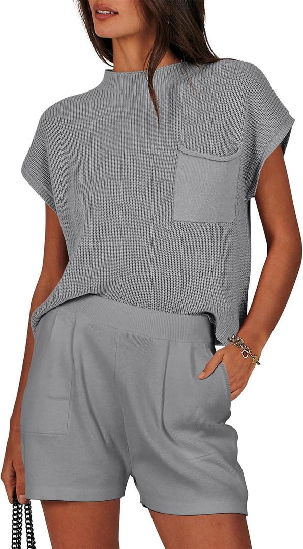 ANRABESS Women's Two Piece Summer Outfits Knit Sweater Short Sets Pullover Tops & Shorts Lounge Matching Clothes Set (S)