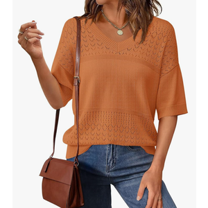 PRETTYGARDEN Women's Short Sleeve Sweater Tops 2025 Spring Summer Casual V Neck Ribbed Knit Trendy Eyelet Blouse T Shirts XL