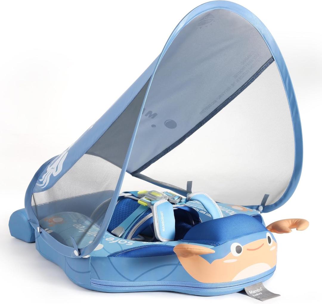 Mambobaby Float Add Tail Baby Swim Float with Canopy Solid Pool Infant Swim Trainer Swimming Training Lying Air Free Water Floats Non-Inflatable Waist Swim Ring for Toddlers (Crab - Blue)
