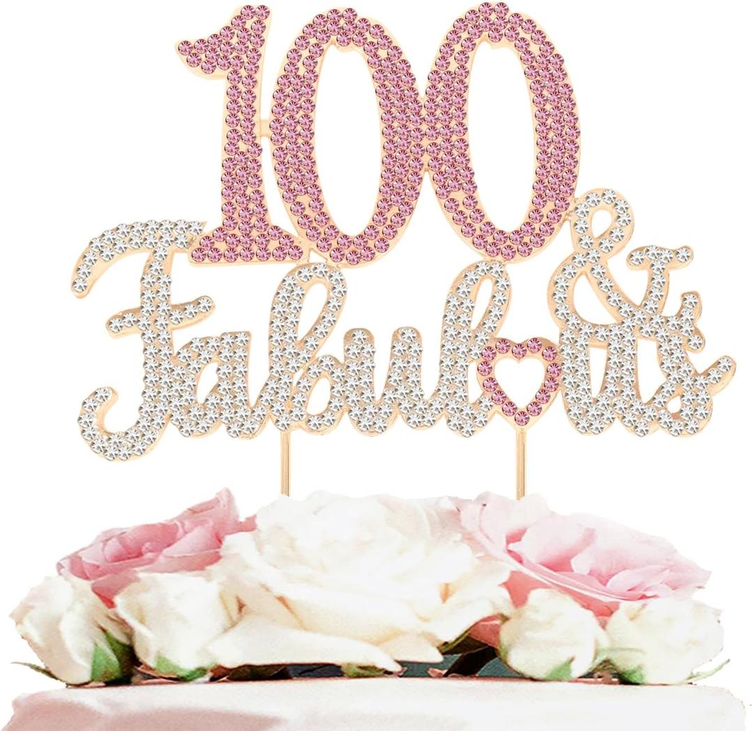 100 & Fabulous Gold & Pink Rhinestone Cake Topper - Happy 100th Birthday Cheers to 100 Years Old Bday Party Metal Sparkly Food Centerpieces Topper Decorations Keepsake.
