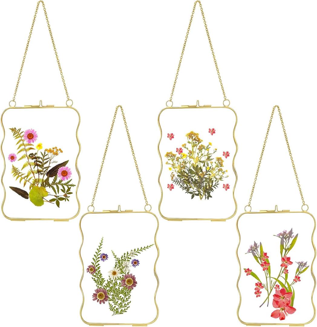 CroBlissful 4 Pcs Pressed Flower Frames 4x6 Inches Double Glass Flower Frames Spring Room Decor Picture Brass Floating Clear Wildflower Plants Wall Hanging Decor with Locket Chain for DIY Artwork