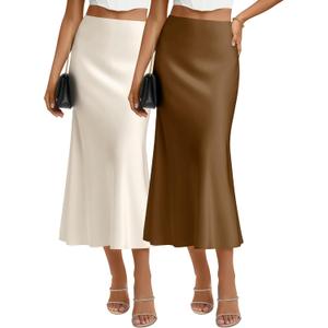 2 Pack Womens Satin Midi Skirts Silk a Line Hidden Elastic High Waist Elegant Casual Flowy Long Skirts, Brown / Champagne 