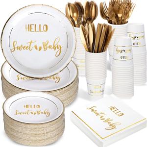 Yungyan 400 Pcs Baby Shower Dinnerware for 50 Guest Baby Shower Paper Plate Napkin Set Gender Reveal Plate Napkins Cup Footprint Disposable Knives Fork Spoon Gender Reveal(Gold,Sweet)