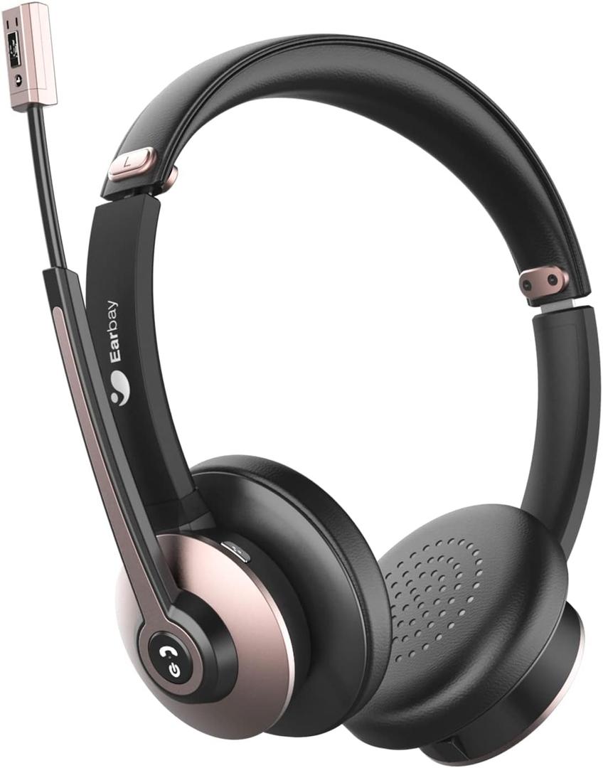 Earbay Wireless Headset, Bluetooth Headsets with Microphone Noise Cancelling, On Ear Headphones with Mic Mute, Handsfree PC Headsets for Zoom/Ms Teams/Skype/Dual Connect/Laptop/iPhone/Tablet (Gold)