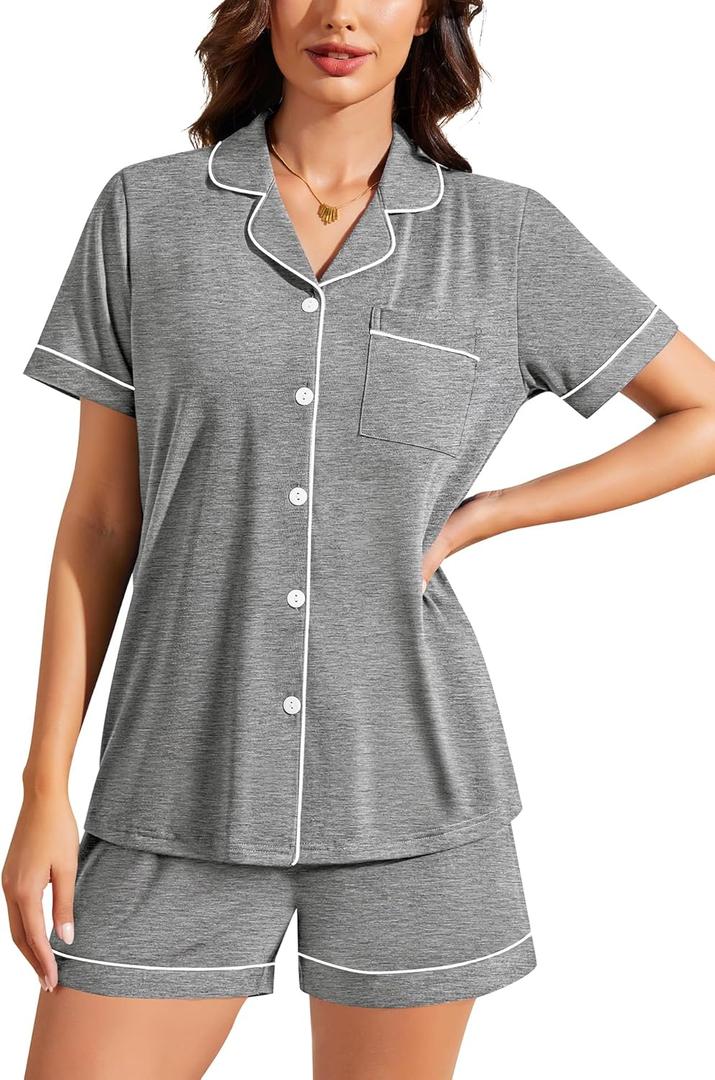SWOMOG Womens Pajama Set Short Sleeve 2 Piece Soft Sleepwear Y2K PJ Lounge Button Down Cute Printed Comfy Loungewear (Medium, Grey)