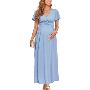AISWI 2025 Women's Maternity Maxi Dress Long Sleeve Wrap V Neck Pregnancy Dresses with Pockets Baby Shower Photoshoot Formal (Blue, XXL)