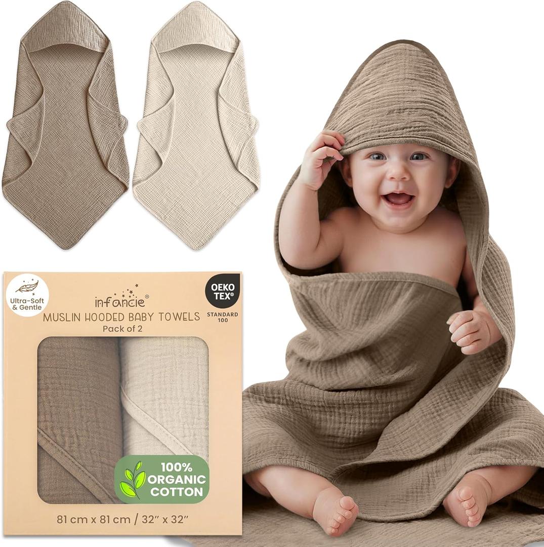 100% Organic Cotton Muslin Baby Hooded Towels 32x32 Inch  2 Pack Soft & Absorbent Hooded Baby Towels For Boys & Girls, Premium Hooded Towels, Ultra-Gentle Baby Essentials in Deep Olive/Ivory