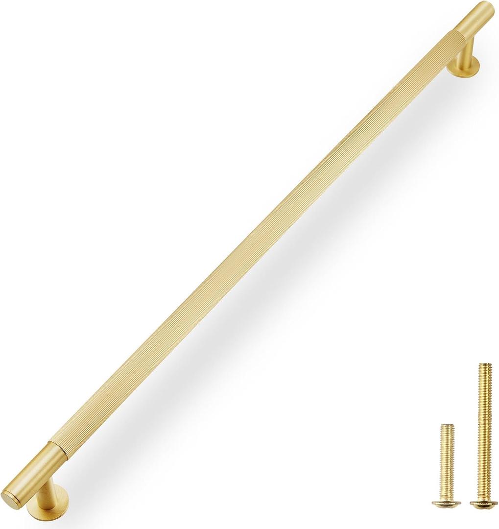 QOGRISUN 1-Pack Solid Brass Appliance Handle Pull, 18 Inch (457mm) Hole Center Grooved Gold Cabinet Pull,Heavy Duty Brushed Brass Drawer Handle for Kitchen Cabinets, Cupboard, Dresser Eleganza