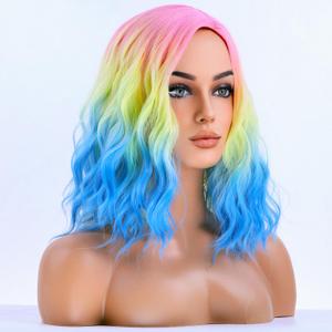 BERON Rainbow Colored Wigs for Women Short Curly Wavy Girls Hair Wigs 14 Inch Ombre Multi Color Synthetic Hair Wig for Daily or Cosplay Use