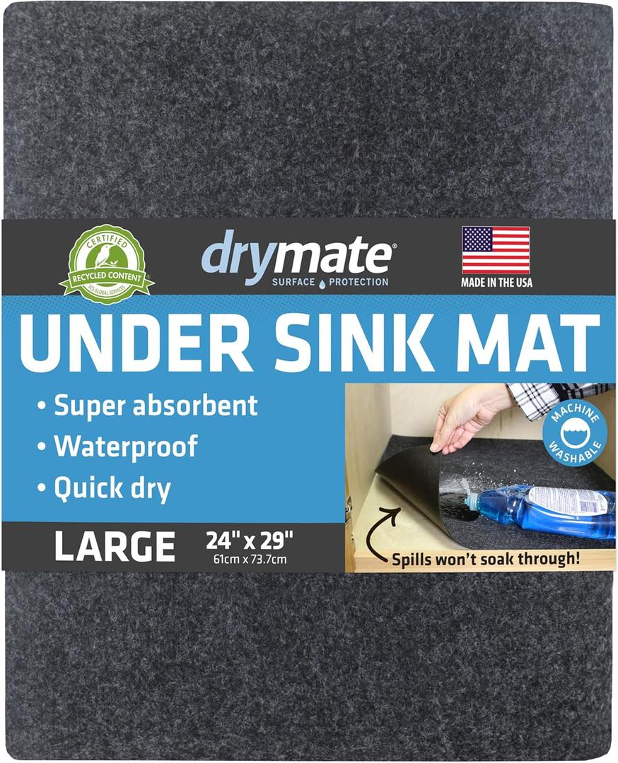 Drymate Premium Under Sink Mat, Waterproof Cabinet Protection Mats for Kitchen & Bathroom, Absorbent Shelf Liners, Slip-Resistant, Non-Adhesive, Machine Washable (USA Made)(24x29)(Charcoal)