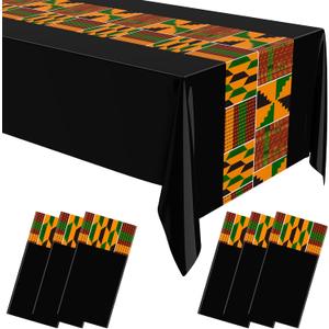 Oudain 6 Pcs 54" x 108" Kente Plastic Tablecloths Black History Month Table Covers Juneteenth Tablecloths Disposable African American Table Decorations for Kwanzaa Home Decor(Black,Fresh)