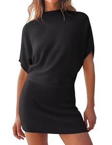 ZESICA Women's 2025 Summer Casual Mock Neck Bodycon Mini Dress Cap Sleeve Slim Fit Ribbed Knit Short Sweater Dresses, Black, Large