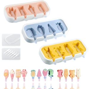 4 x Cartoon Shape Popsicles Molds 3Pcs Cute Ice Cream Mold Maker Easy-Release Homemade Ice Pop Tray Silicone with Lid & Stick (Ice Cream+Fruit+Cartoon)