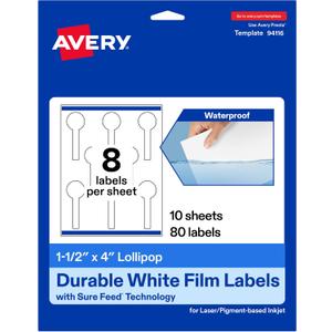 Avery Printable Durable White Lollipop Labels, Sure Feed Technology, 1.5" x 4", Print-to-the-Edge, Waterproof Labels, Laser & Pigment-Based Inkjet Compatible, 80 Total
