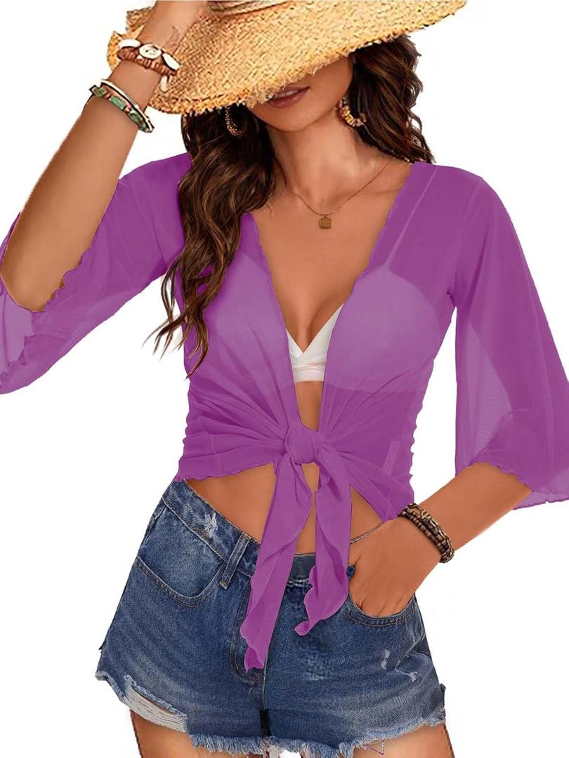 Women's Short Cardigan Bolero Shrug Sheer Tie Front Top 3/4 Sleeve Jacket for Dress (M)