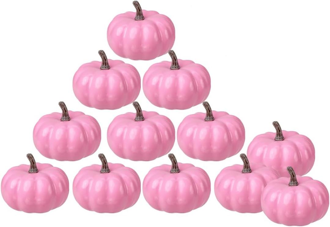 vensovo 3 Inch Small Pink Pumpkins for Decorating - 12PCS Mini Foam Decorative Pumpkins for Fall Decor, Paintable Artificial Pumpkins Perfect for Halloween Decor Thanksgiving Decor