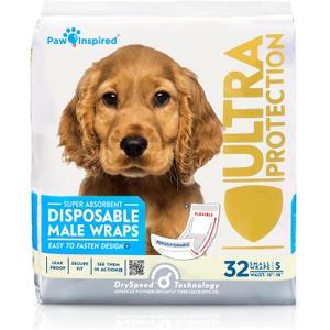 Paw Inspired Male Dog Wraps, Disposable Dog Diapers | Belly Bands for Small, Medium, Large Dogs (32 Count, Size Small)