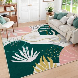 Lahome Washable 8x10 Rug - Non-Slip Living Room Rugs 8x10 Ultra-Thin Large Soft Bedroom Rugs, Boho Botanical Print Indoor Stain Resistant Floor Rug for Dining Room Table Office (8'x10',Green/Pink) (8' x 10')