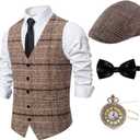 Gionforsy 1920s Mens Costume Gatsby Gangster Vest Fedora Hat Suspenders Bow Tie Costume Accessories Set (Large, Light Coffee)