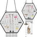 Jetec 2 Pcs Earring Wall Holder Wall Mounted Earring Organizer Hanging Jewelry Stand Decorative Diamond Grid Shape Display Rack with Hooks for Earrings Necklace Bracelet(Black)