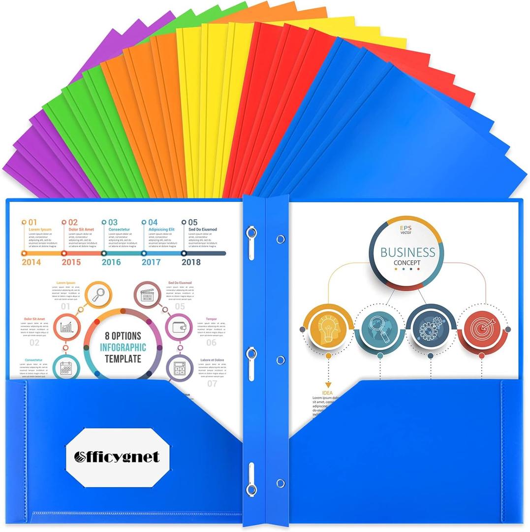 2 x Officygnet 18 Packs 2 Pocket Folders with 3 Prongs Fastener Clasps, Bulk Heavy Duty Plastic Folder, Multicolor Folders for School and Office Supplies, Two Pocket Folder for Letter Size Sheets