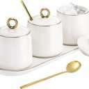 Foraineam Porcelain Sugar Bowl with Lid and Spoon Set of 3, Condiment Jar Coffee Bar Accessories, 8 oz Salt Server Spice Container Seasoning Box with Tray