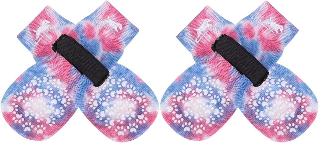 EXPAWLORER Anti Slip Dog Socks to Prevent Licking Paws, Dog Shoes for Hot Pavement, Dog Booties for Small Medium Large Senior Dogs, Traction Control Dog Boots & Paw Protectors for Hardwood Floors (Medium (4 Count), Tie-dye BluePurple)