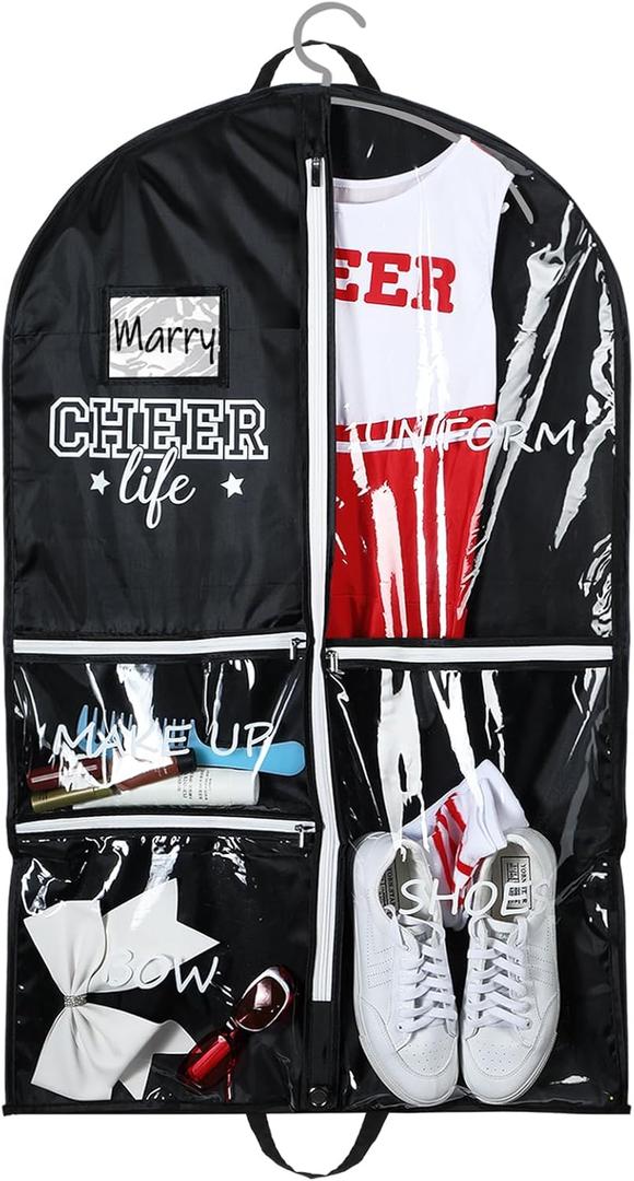 Cheer Garment Bags for Cheerleading Uniform Waterproof Hanging Garment Bags for Dance Costumes 40 Inch Clothes Bag with 5 Pockets and Side Zip Travel Storage Cheer Uniform(Black,White)