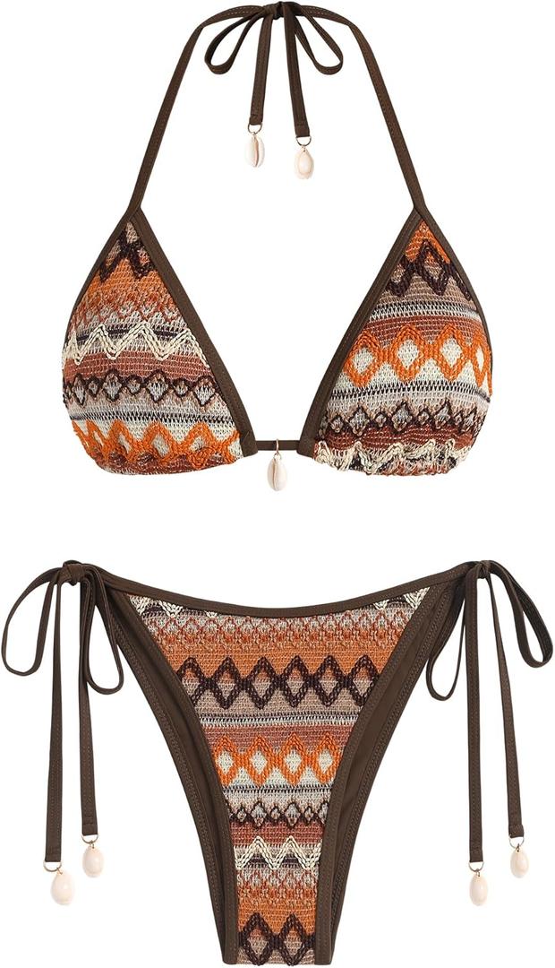 ZAFUL Women's Colorblock Stripes Triangle Halter Tied Cheeky Thong Bikini Set High Cut Two Piece Bathing Suit (2-brown), S