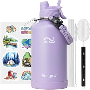 [2-IN-1 LID] 64 oz Insulated Water Bottle with Silicone Boot (48hrs Cold/24hrs Hot) - DIY Stickers, Leakproof, BPA Free, Half Gallon (Lavender)