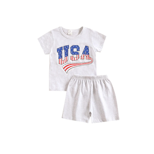 4th of July Baby Boy Outfit Toddler Fourth of July T Shirts Stars and Stripes Shorts Red White Blue Clothes Set, Gray  Size 120