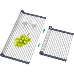 BBXTYLY Extra Large Expandable Roll Up Dish Drying Rack,Over The Sink Drying Rack Sink Cover Kitchen Sink Accessories Kitchen Rolling up Stainless Steel Drainer, Foldable,RollableGrey25.1''-17.3''