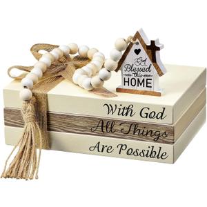 Tatuo 4 Pcs Wooden Farmhouse Decorative Books for Home Decor Coffee Table Faux Books for Decoration White Fake Decorative God Bless Stacked Display Set with Beads Garland Shelf Living Room Decor, God Bless