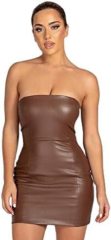 XLLAIS Women Sexy Off Shoulder Faux Leather Strapless Tube Top Mini Dress Bodycon Party Clubwear Dress, Brown, M