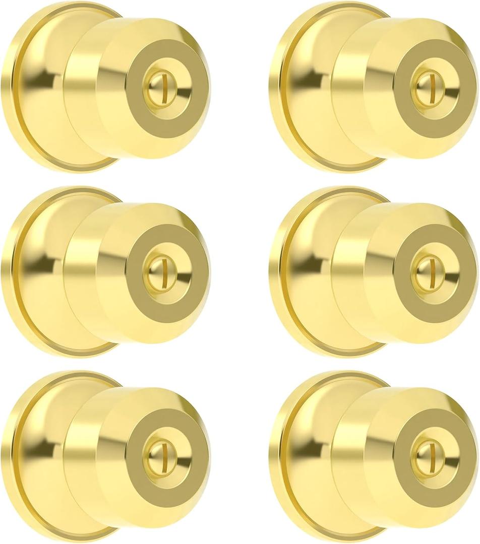 6 Pack Privacy Gold Door Knob with Lock,Door Knobs Interior for Bedroom or Bathroom Heavy Duty Gold Handle for Left Right Sided Doors