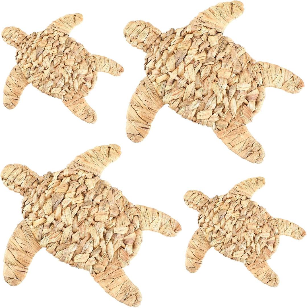 4 Pcs Sea Turtle Beach Theme Decor Handmade Wicker Sea Turtle Wall Decor Scandinavian Hanging Coastal Nautical Sculpture for Boho Bathroom Indoor Outdoor Table Wall Art Ornament