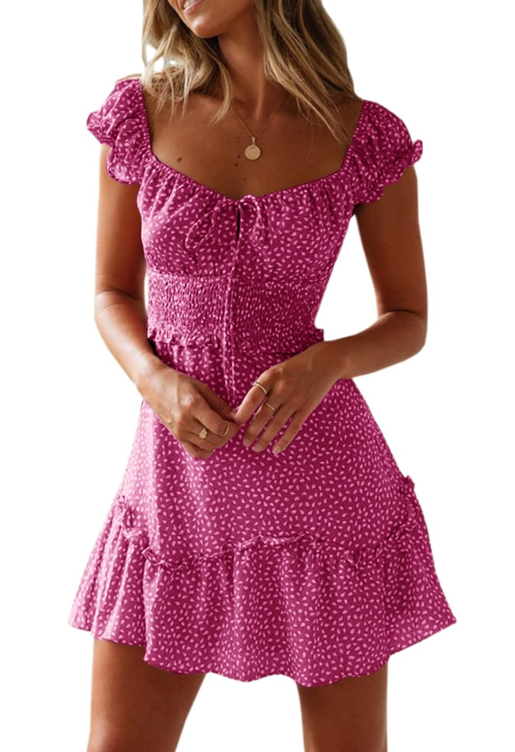YOBECHO Womens Summer Ruffle Sleeve Sweetheart Neckline Printing Dress Mini Dresses, Size M