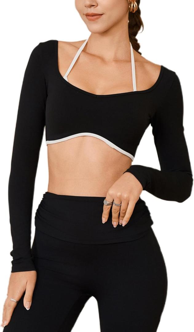 Women's Workout Crop Tops Halter Long Sleeve Backless Padded Sports Bra Gym Yoga Top T Shirts (Small, Black)