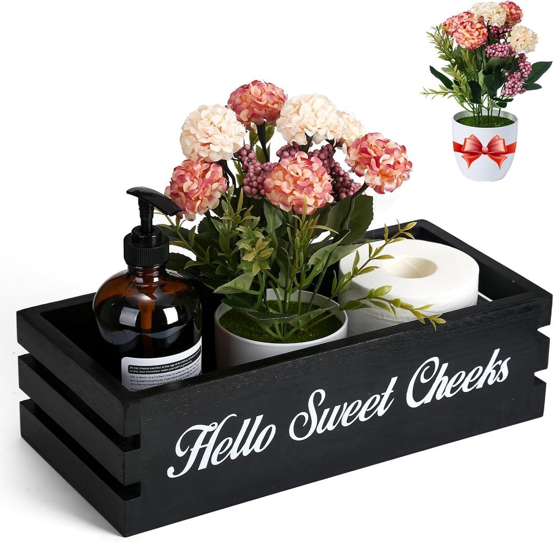 VOOWO Hello Sweet Cheeks Bathroom Decor Box, Nice Butt Bathroom Decor Box, Funny Toilet Paper Holder Wooden Toilet Paper Box for Rustic Farmhouse Bathroom Decor, Storage Baskets for Bathroom (Black)