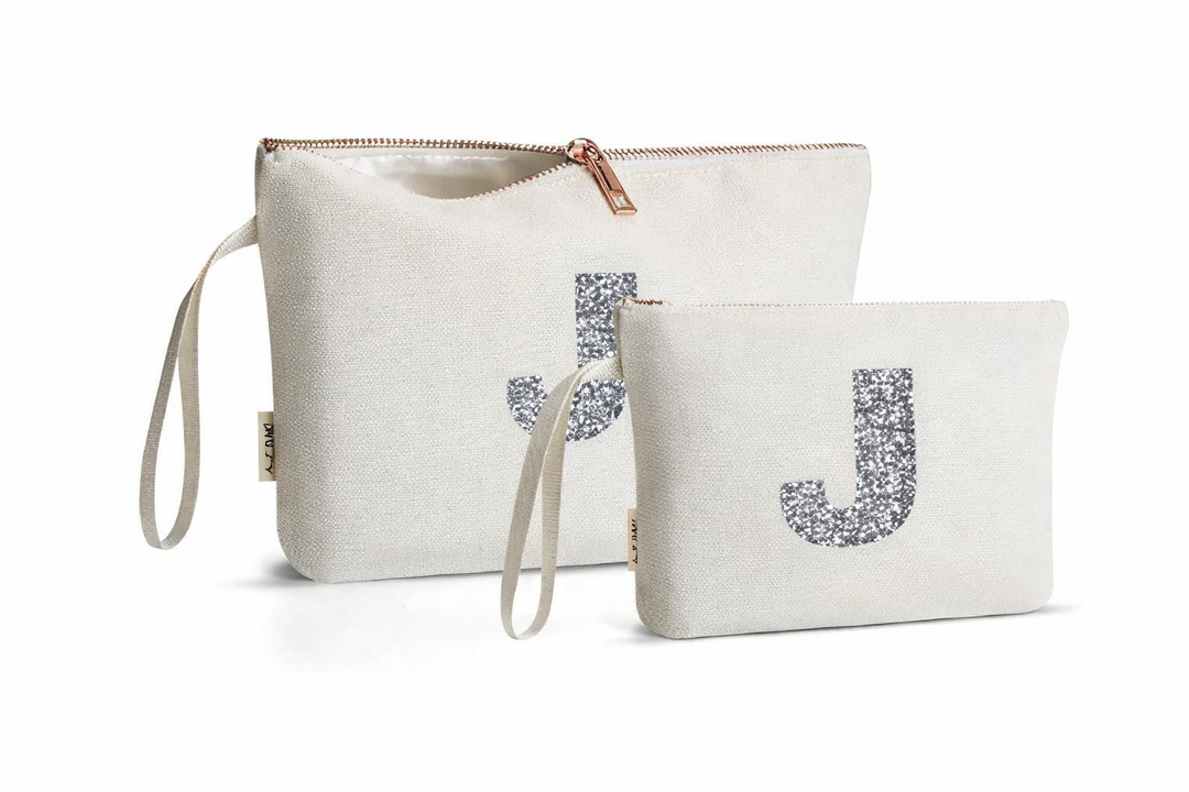 A-Z BAG 2pcs Personalised Makeup Bag Set, Canvas Cosmetic Bag with Rhinestone Initial, Birthday Gifts for Women (B, Beige)