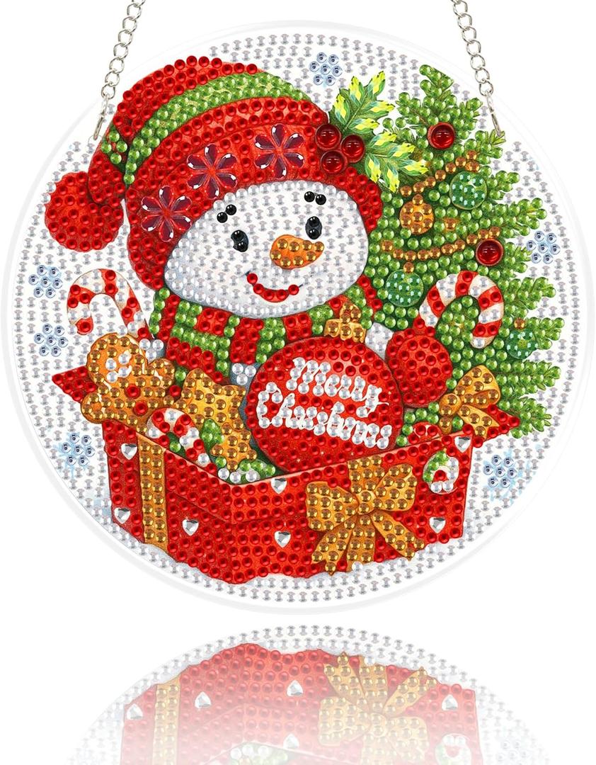 Eiflow Glass Diamond Art Hanging Kit for Adults Christmas, DIY Stained Glass Diamonds Painting Door Hanging Board Kit, Crystal Diamond Art Painting Pendant Ornament Full Drill (Snowman)