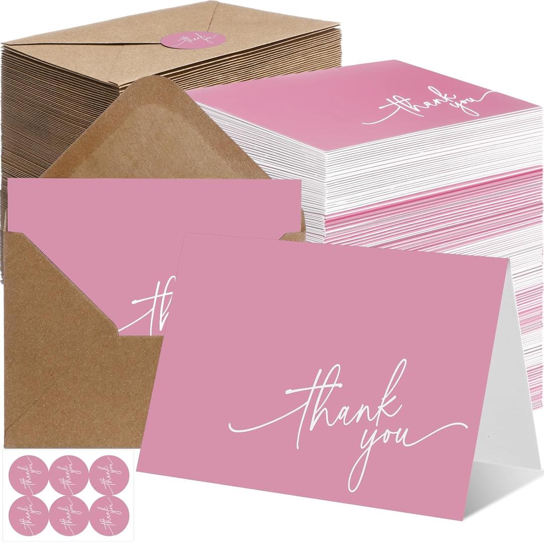 Gueevin 200 Pcs Thank You Cards with Kraft Envelopes and Stickers Bulk, 3.5 x 5 Inch Classy Blank Thank You Notes for Wedding, Business, Graduation, Baby Shower, Bridal Shower, Funeral(Pink)